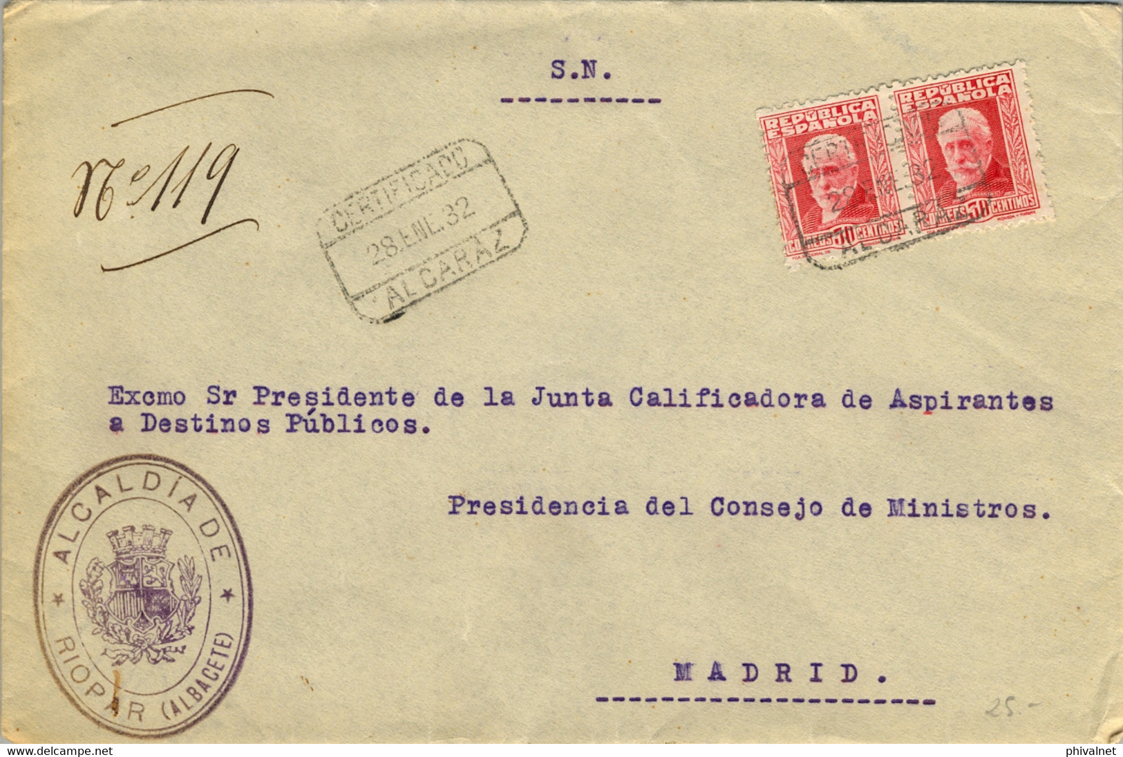 1932 , ALBACETE , SOBRE CERTIFICADO , MAT. DE ALCARAZ , MARCA  DE LA ALCALDIA DE RIOPAR , LLEGADA AL DORSO. - Brieven En Documenten