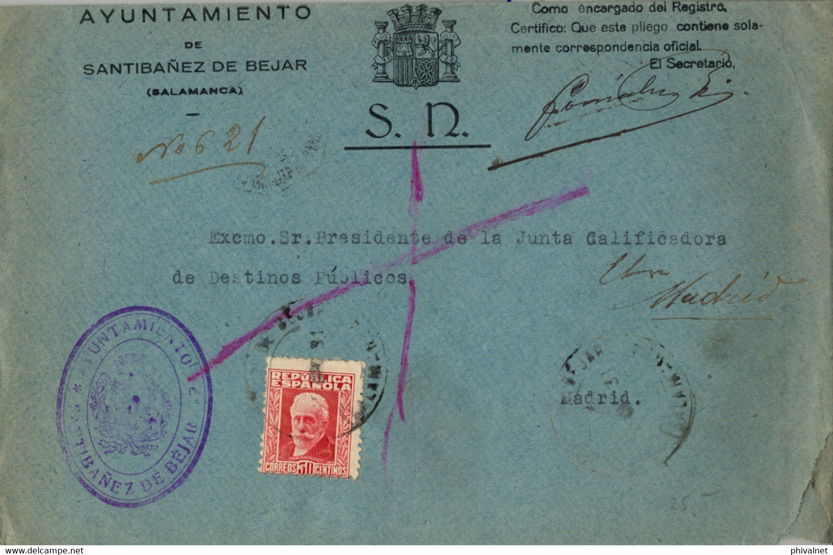 1931 , SALAMANCA , SANTIBÁÑEZ DE BÉJAR - MADRID , MARCA DEL AYUNTAMIENTO , AL DORSO AMBULANTES. - Lettres & Documents