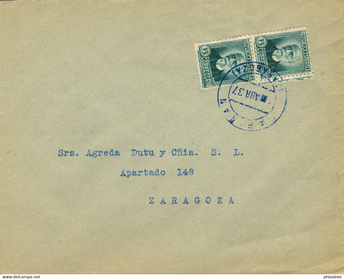 1937 , SOBRE CIRCULADO ENTRE SABIÑÁN Y ZARAGOZA , FECHADOR AZUL , LLEGADA - Lettres & Documents