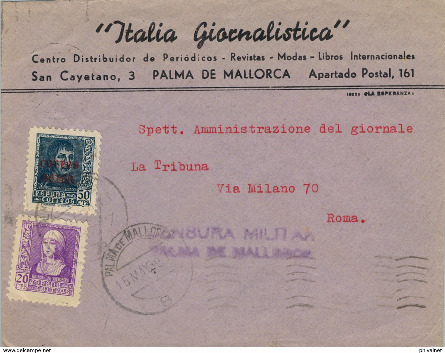 1939 , BALEARES , PALMA DE MALLORCA - ROMA , SOBRE CIRCULADO , CENSURA MILITAR , LLEGADA , ED. 845 , 855 - Lettres & Documents
