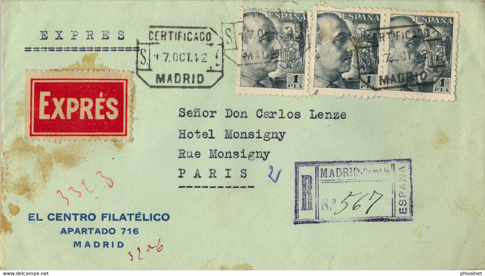 1942 , MADRID - PARIS , SOBRE CERTIFICADO EXPRÉS , ED. 930 X 3 , CENSURA ALEMANA , GUBERNATIVA Y LLEGADA - Brieven En Documenten
