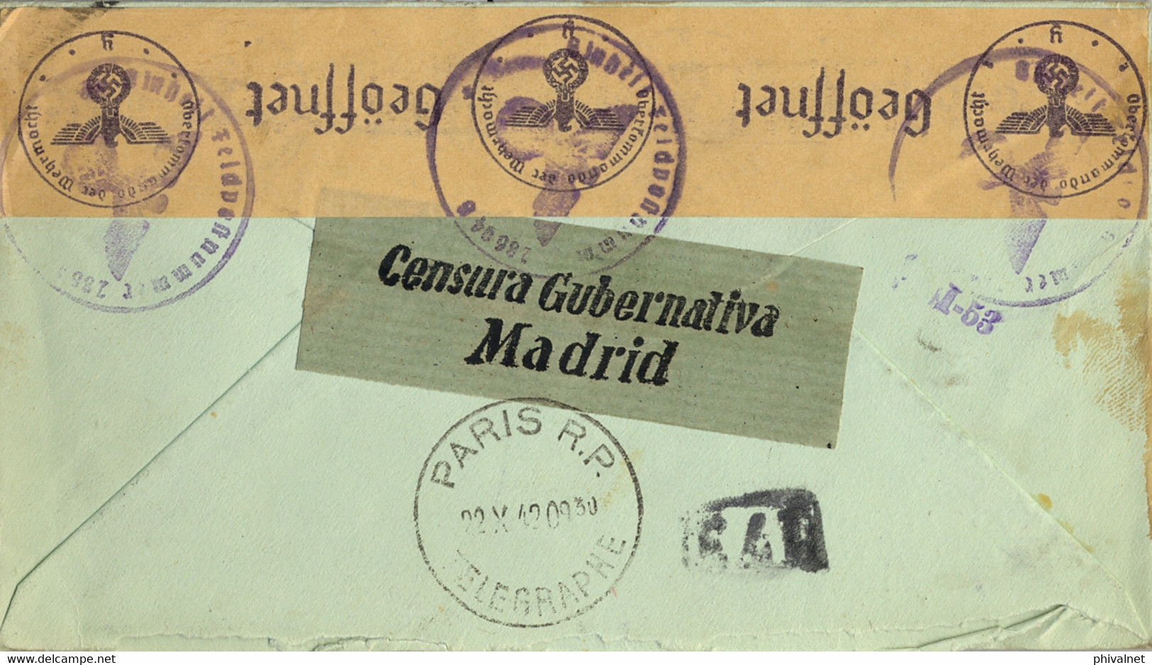 1942 , MADRID - PARIS , SOBRE CERTIFICADO EXPRÉS , ED. 930 X 3 , CENSURA ALEMANA , GUBERNATIVA Y LLEGADA - Storia Postale