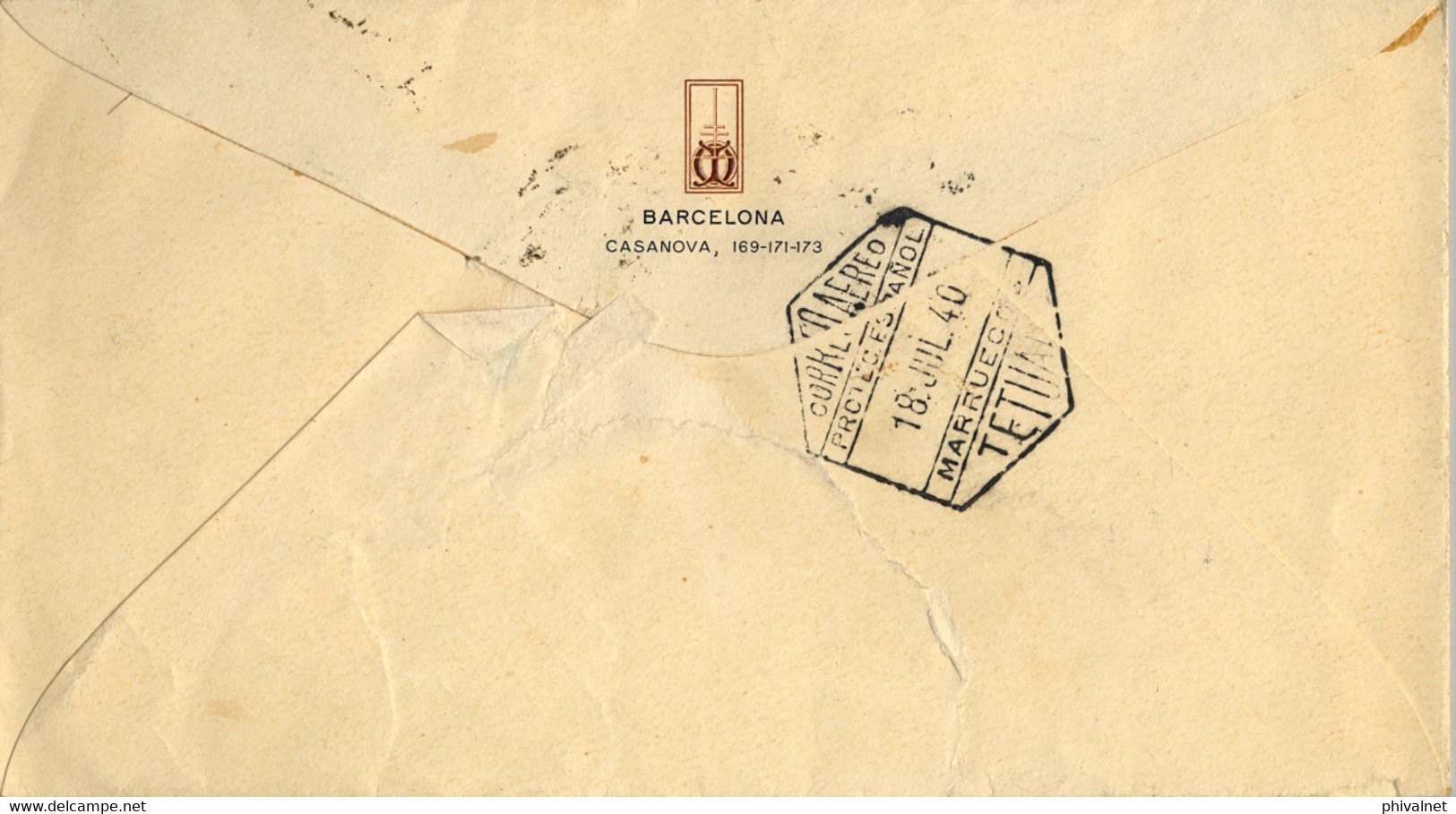 1940 , BARCELONA - TETUAN , SOBRE CIRCULADO POR AVIÓN , LLEGADA AL DORSO , INSTITUTO GRÁFICO OLIVA DE VILANOVA - Lettres & Documents