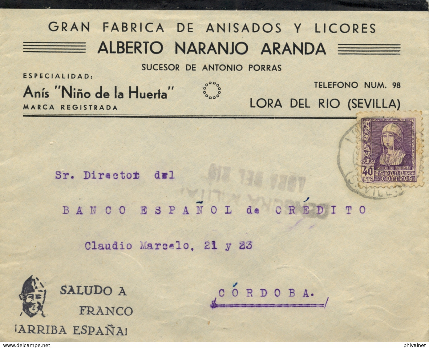 1939 , SEVILLA  , LORA DEL RIO - CÓRDOBA , SOBRE CIRCULADO , CENSURA MILITAR , AL DORSO LOCAL Y LLEGADA - Storia Postale