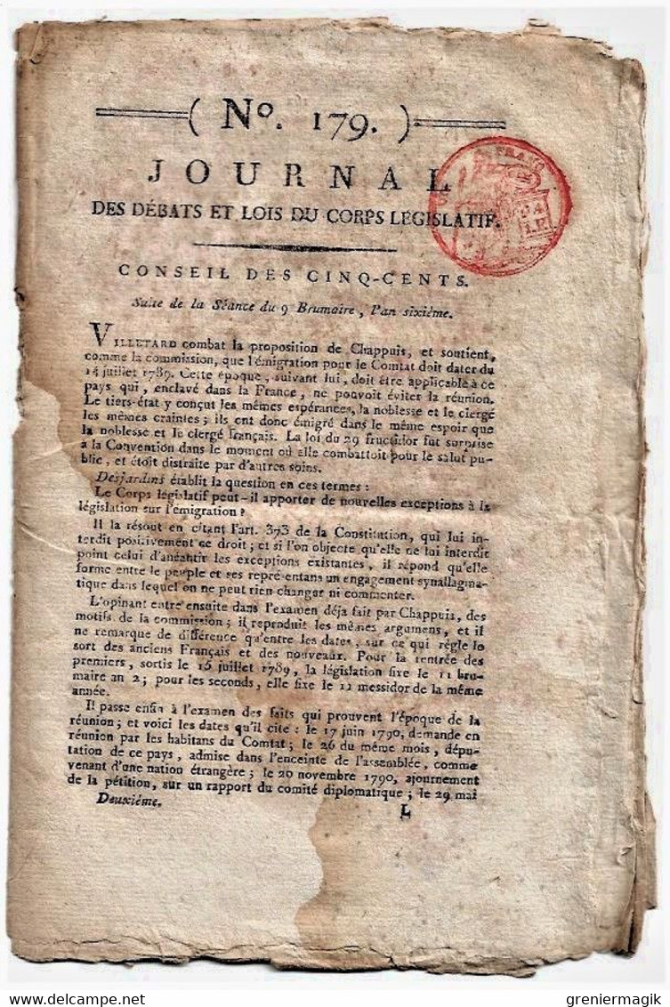 Journal Des Débats Et Lois Brumaire An VI 1797 Général Bonaparte Rastadt/Amnistie Délits Militaires/Combat Du 11 Octobre - Zeitungen - Vor 1800