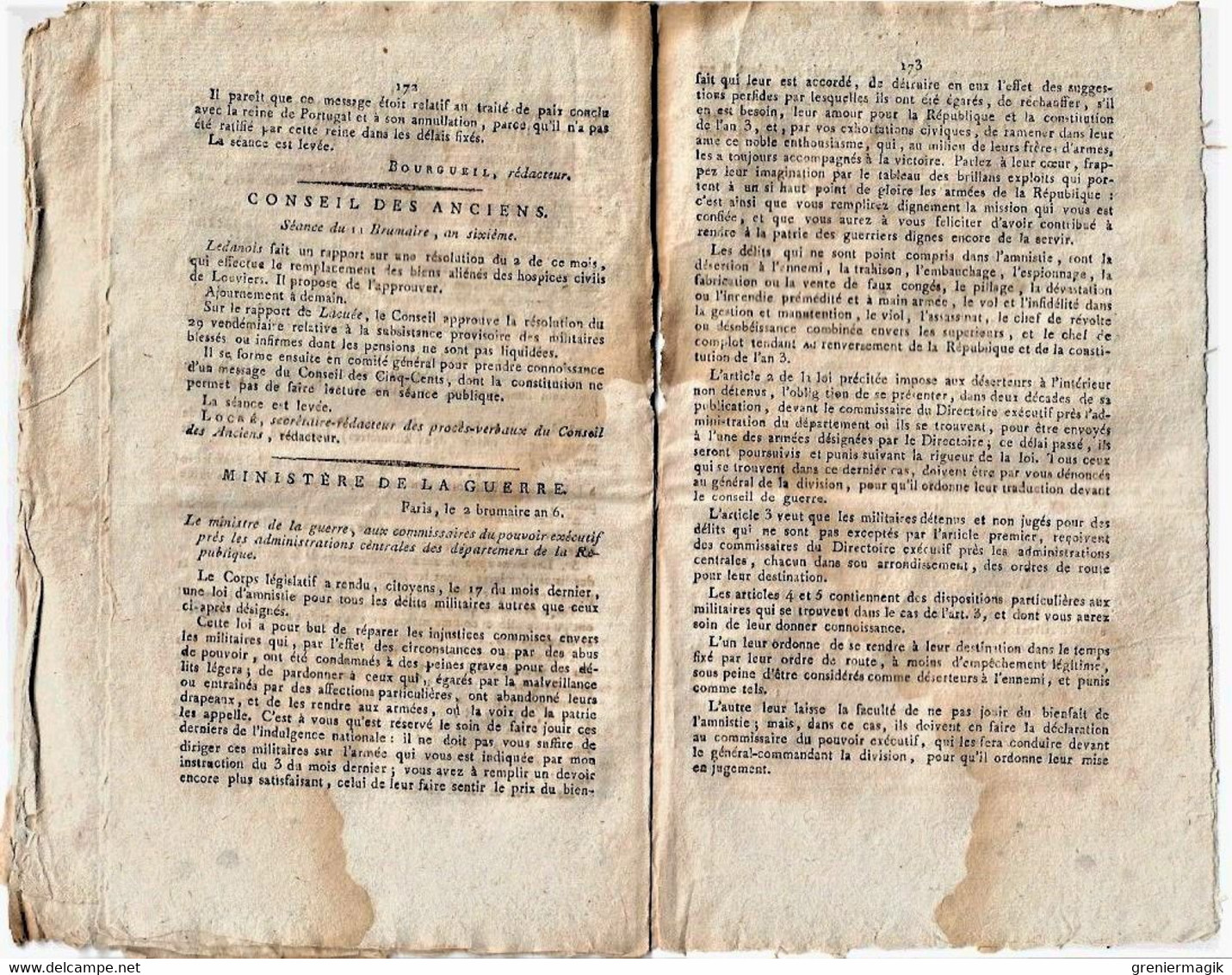 Journal des débats et lois brumaire an VI 1797 Général Bonaparte Rastadt/Amnistie délits militaires/Combat du 11 octobre