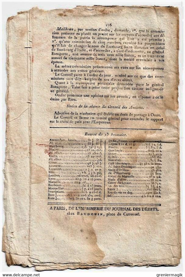 Journal des débats et lois brumaire an VI 1797 Général Bonaparte Rastadt/Amnistie délits militaires/Combat du 11 octobre