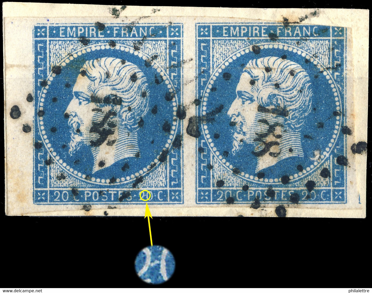 France - Paire Yv.14A 20c Bleu T.1 - Positions 51-52G3 - Obl. PC 188 (Aurillac) - Défauts -sur Fragment (ref.&02d) - 1853-1860 Napoléon III.