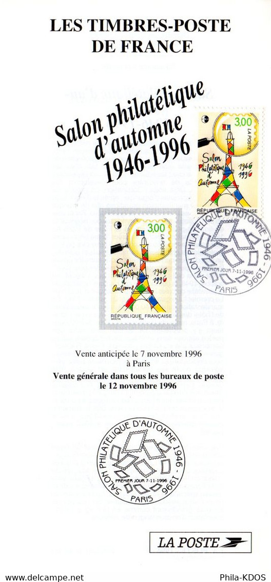 &#128509; " SALON PHILATELIQUE / TOUR EIFFEL " Sur Fascicule Publicitaire 1er Jour De 6 Pages De 1996. N° YT 3000 FDC - Monumenti