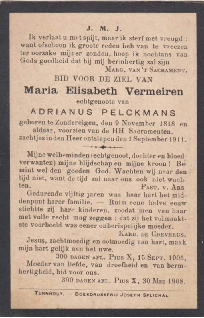 Maria Vermeiren Zondereigen 1818 1911 Doodsprentje Mortuaire - Religione & Esoterismo