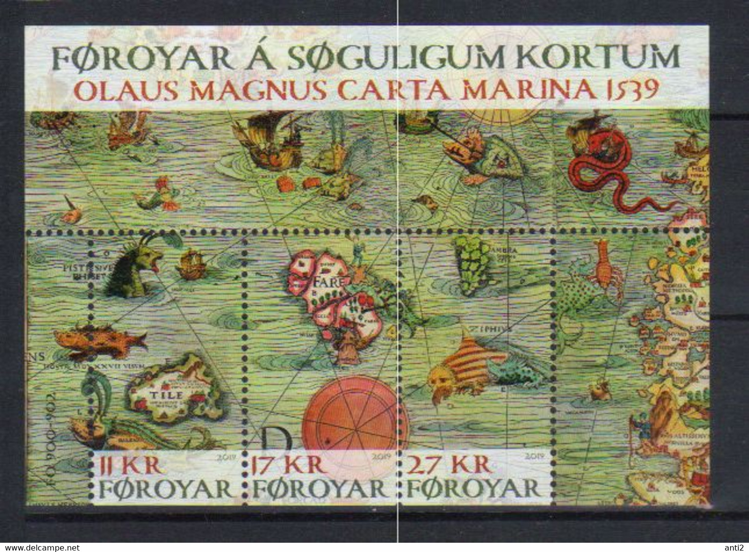 Faroe Islands  2019 Historic Maps, Carta Marina, Thule, Faroe, Sea Monsters  Mi  Bloc 50 MNH(**) - Faroe Islands