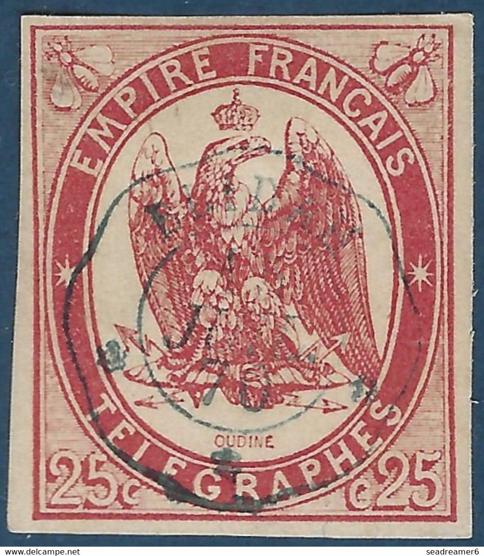 France Timbres Telegraphes N°1 25c Rouge Carmin Oblitéré Dateur Ondulé Bleu De Blidah En Algérie !! Superbe & Signé Brun - Télégraphes Et Téléphones