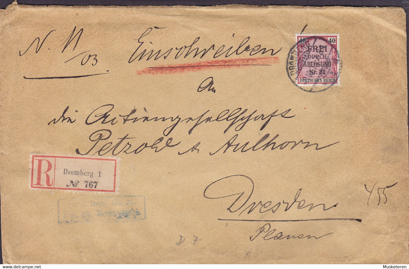 Poland Vorläufer Deutsches Reich Registered Einschreiben Label BROMBERG (Bydgoszcz) Pommern 1903 Cover Brief DRESDEN - Dienstmarken