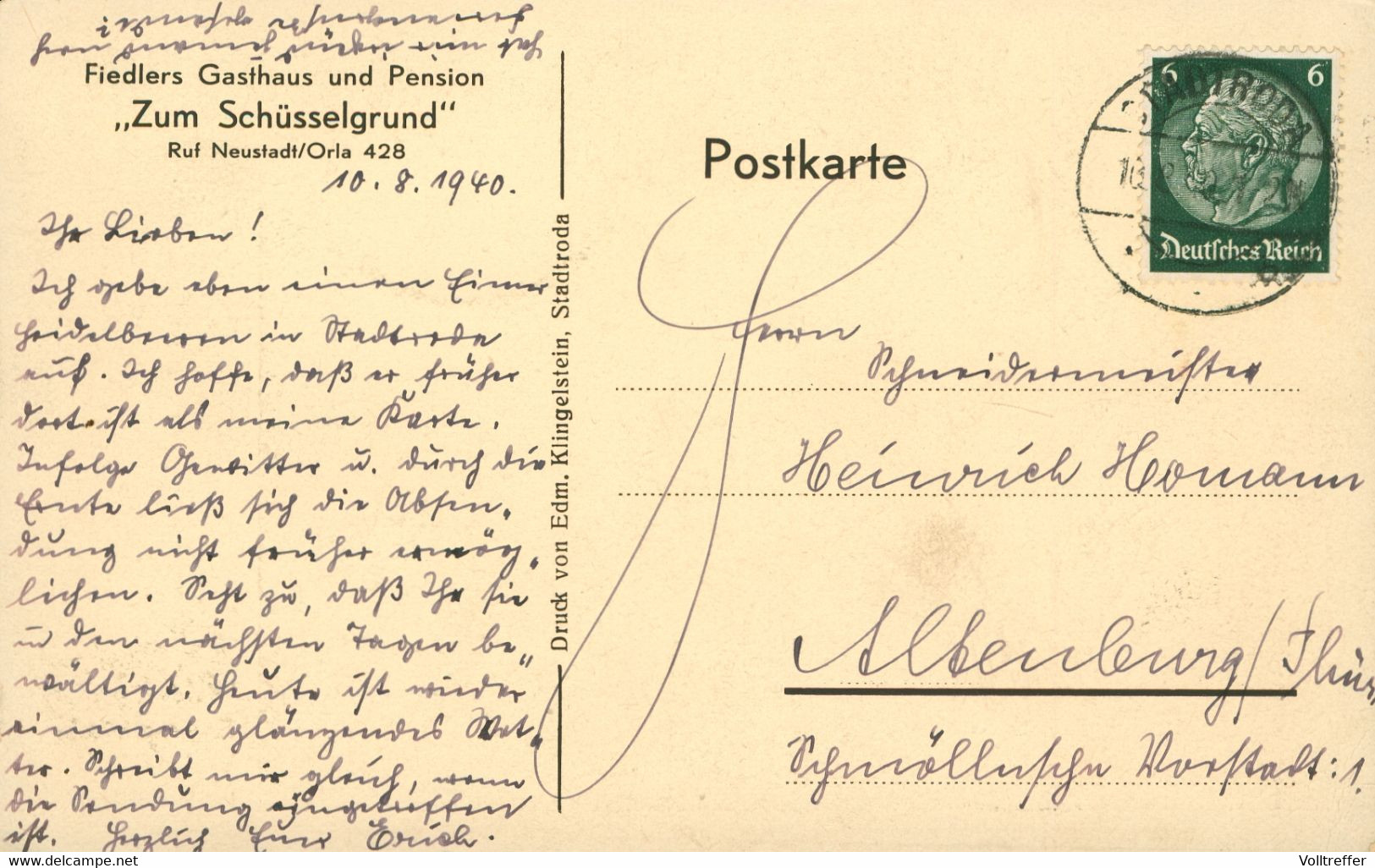 AK 1940 Sommerfrische Wolfersdorf Fiedlers Gasthaus & Pension Zum Schüsselgrund - Neustadt / Orla