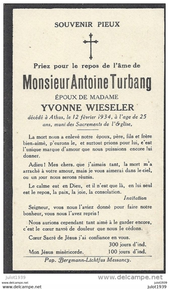 ATHUS ..-- Mr Antoine TURBANG , époux De Mme Yvonne WIESELER . Né En 1909 , Décédé à ATHUS En 1934 . - Aubange