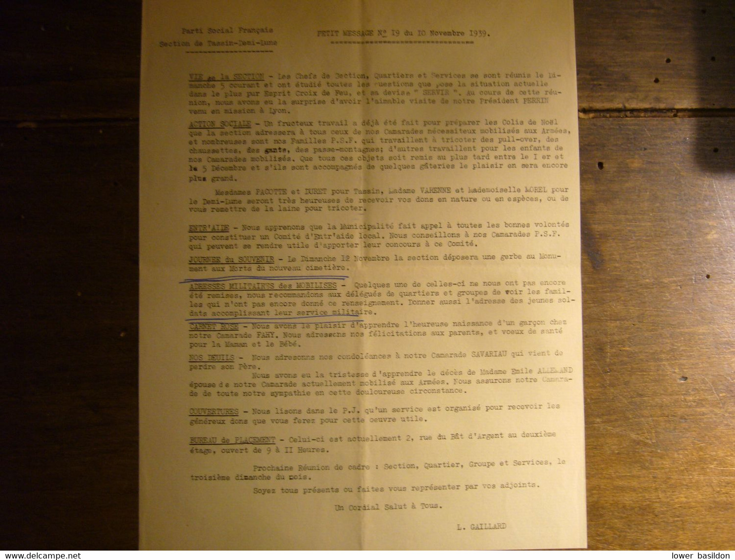 39/40   " Drôle De Guerre "   69  TASSIN-la-Demi-Lune    PSF (Parti Social Français)  Message D'activités - Historische Documenten