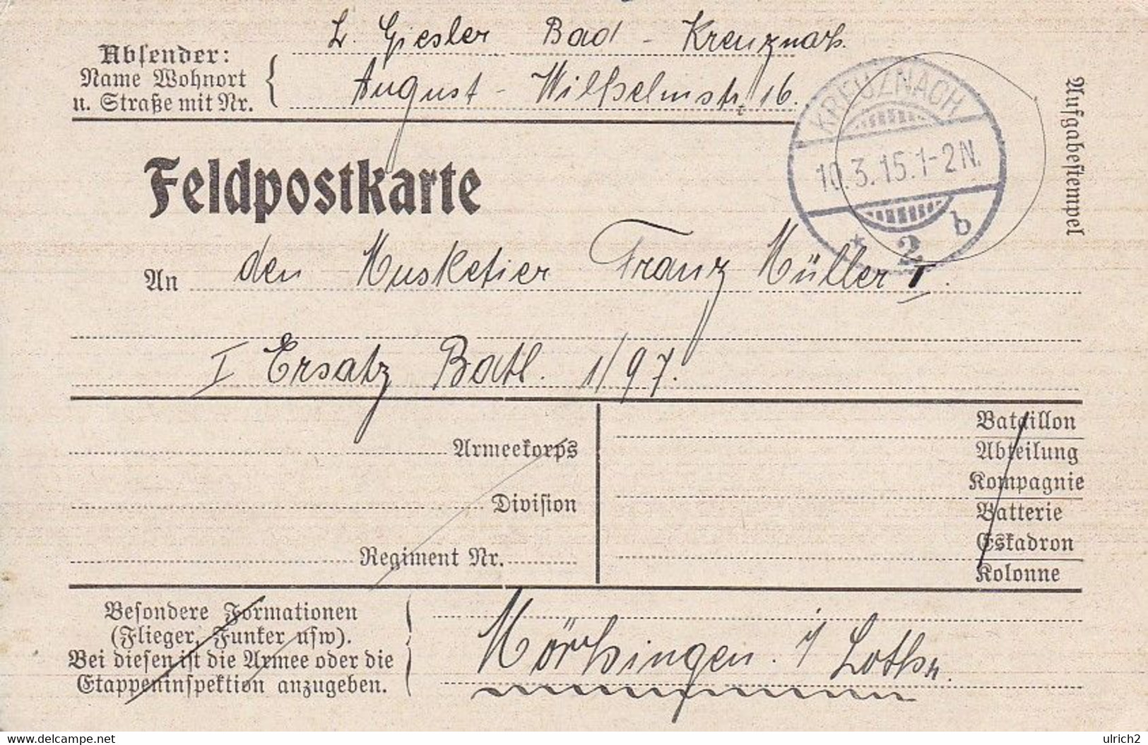 Feldpostkarte - Kreuznach Nach Mörhingen - 1915 (56731) - Lettres & Documents