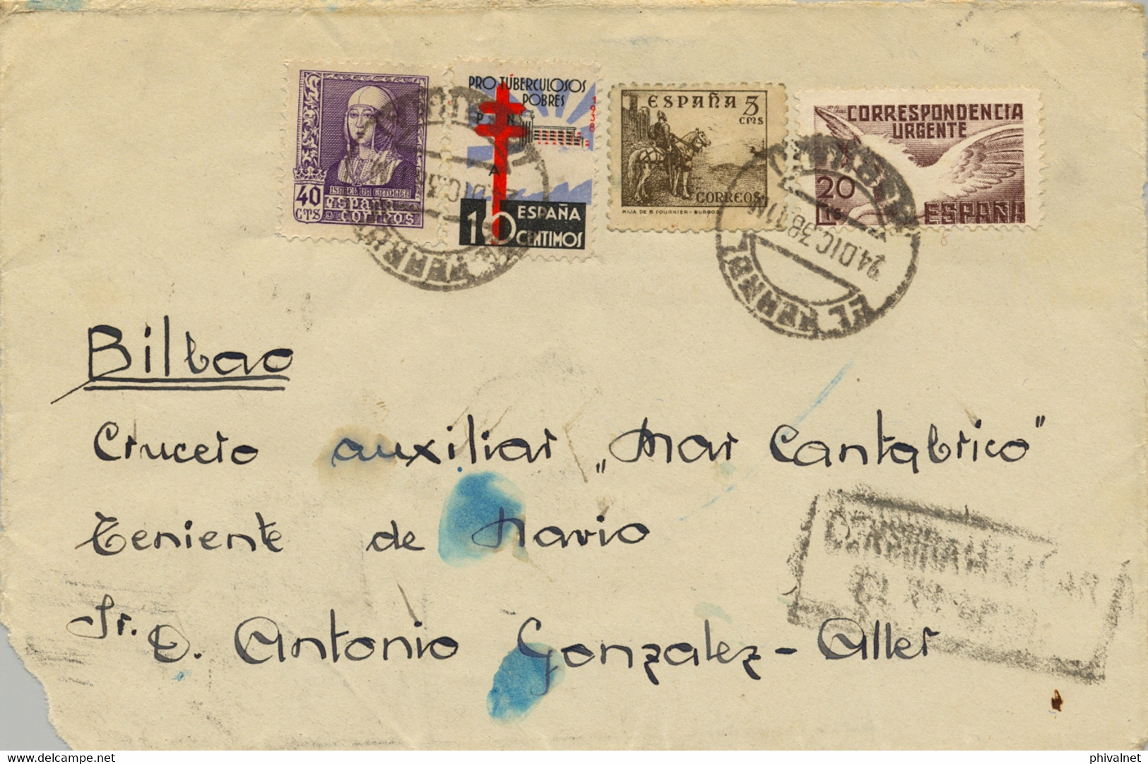 1938 , CORUÑA , EL FERROL - BILBAO , FRONTAL CIRCULADO , CENSURA MILITAR - Covers & Documents
