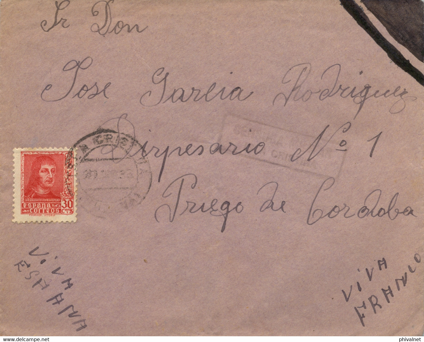 1938 , HUELVA , ISLA CRISTINA - PRIEGO DE CÓRDOBA , CENSURA MILITAR DE ISLA CRISTINA, AL DORSO LOCAL - Storia Postale