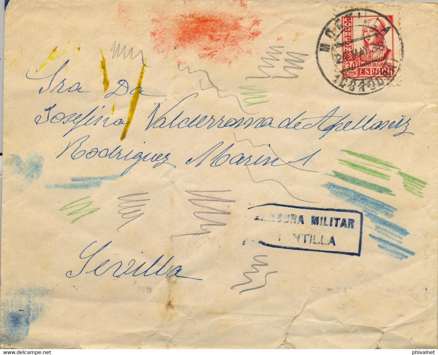 1938 , CÓRDOBA , MONTILLA - SEVILLA , SOBRE CIRCULADO , CENSURA MILITAR , LLEGADA , LOCAL PRO BENEFICENCIA - Storia Postale