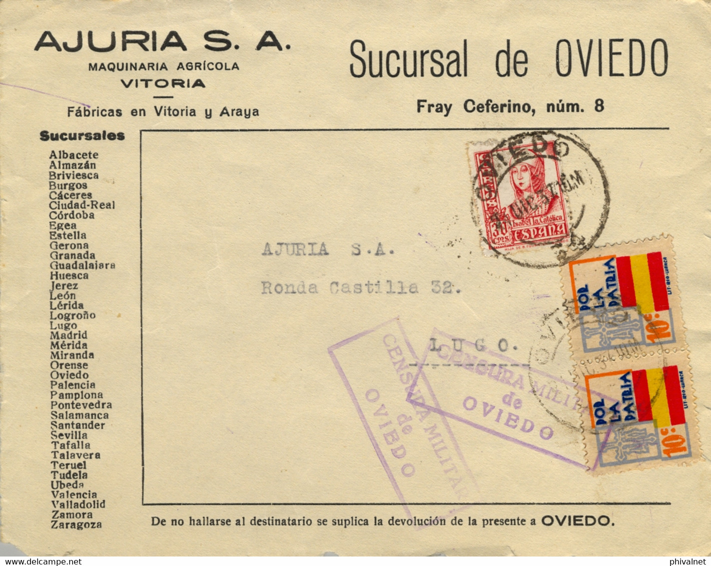1937 , ASTURIAS , OVIEDO - LUGO , FRONTAL CIRCULADO , CENSURA MILITAR Y LOCALES PRO PATRIA - Brieven En Documenten