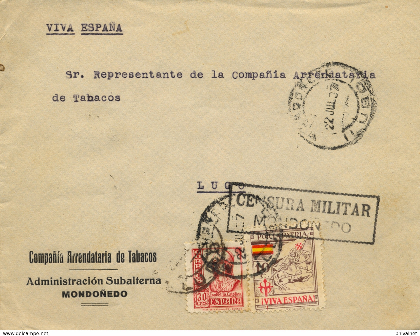 1937 , LUGO , MONDOÑEDO , SOBRE CIRCULADO , CENSURA MILITAR DE MONDOÑEDO , LOCAL PRO PATRIA , LLEGADA" APARTADOS " - Brieven En Documenten