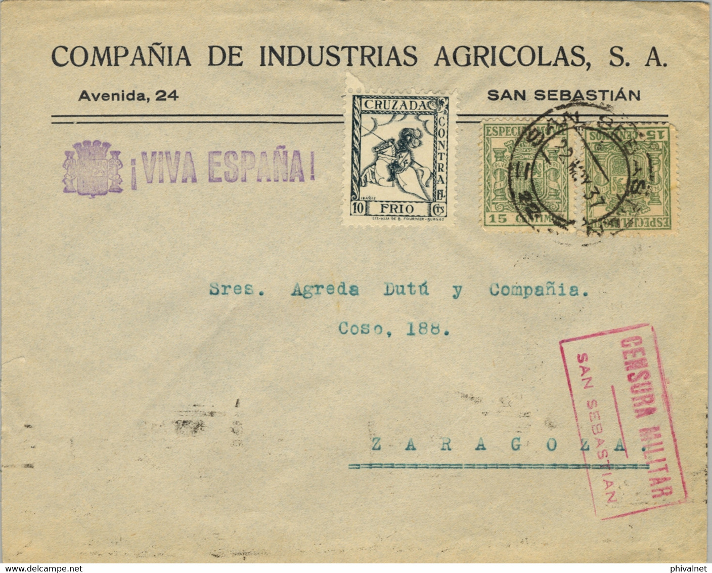 1937 , GUIPÚZCOA , SAN SEBASTIAN - ZARAGOZA , SOBRE CIRCULADO , CENSURA MILITAR , TIMBRES ESPECIAL MÓVIL , CRUZADA - Brieven En Documenten