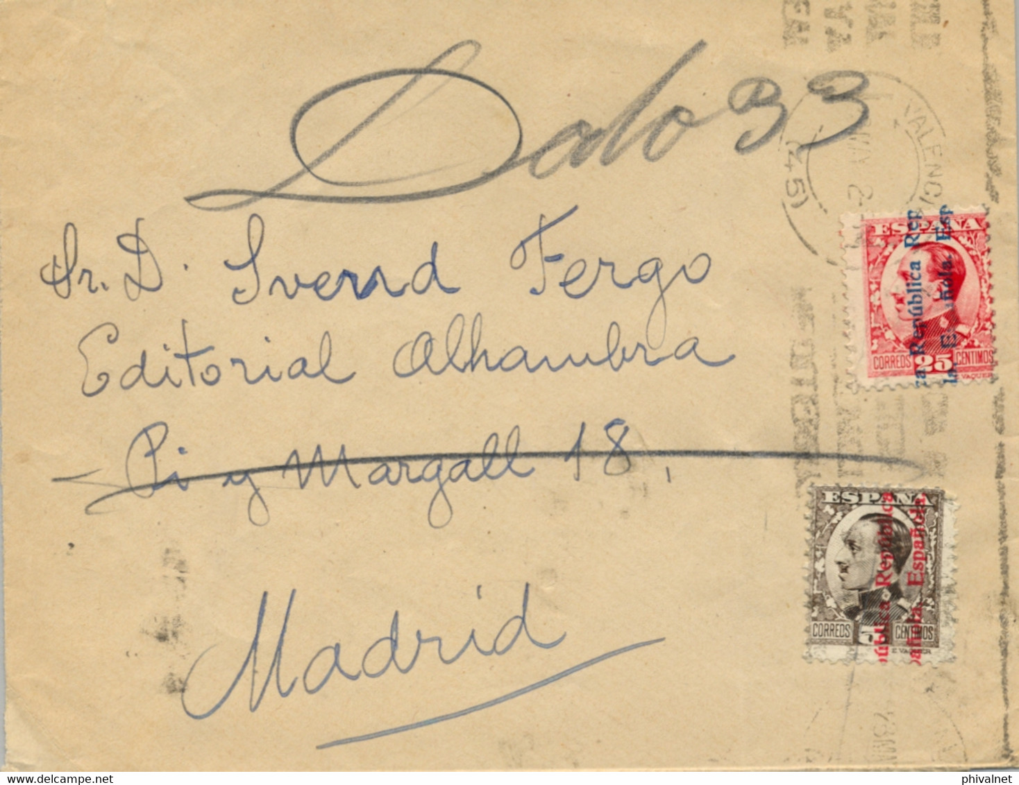 1932 , VALENCIA , SOBRE CIRCULADO A MADRID , ED. 594 , 598 , LLEGADA - Lettres & Documents