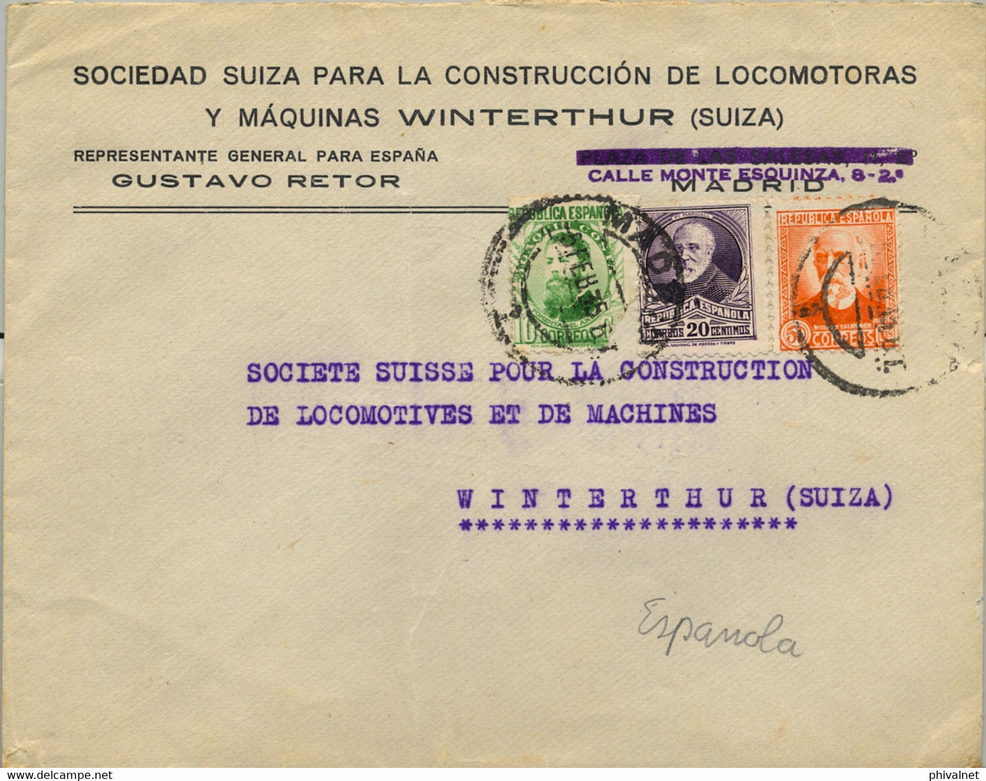 1935 , MADRID - WINTERTHUR , SOBRE COMERCIAL ILUSTRADO , SOCIEDAD SUIZA PARA LA CONSTRUCCIÓN DE LOCOMOTORAS - Covers & Documents