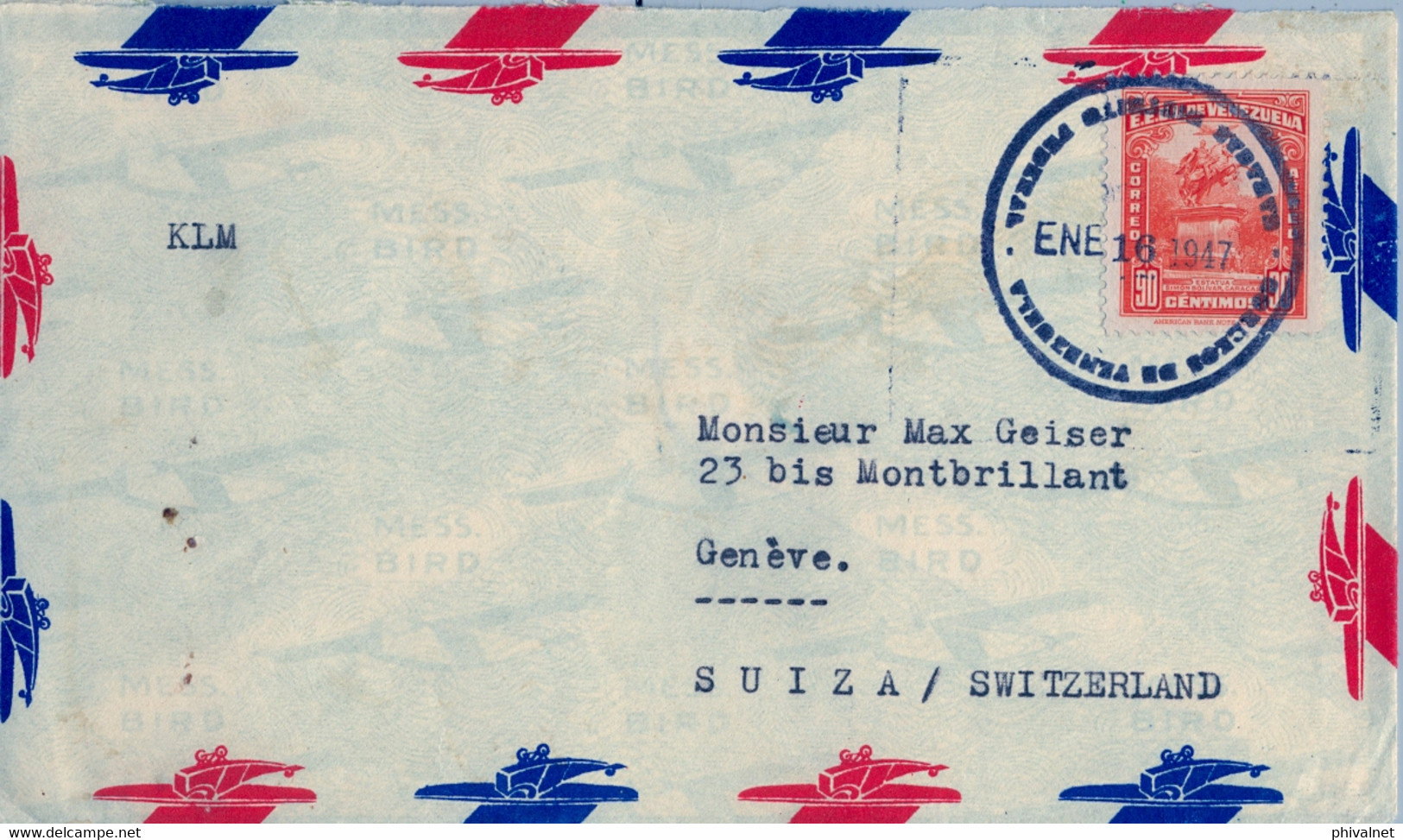 1947 VENEZUELA , SOBRE CIRCULADO , CARACAS - GINEBRA , CORREO AÉREO - Venezuela