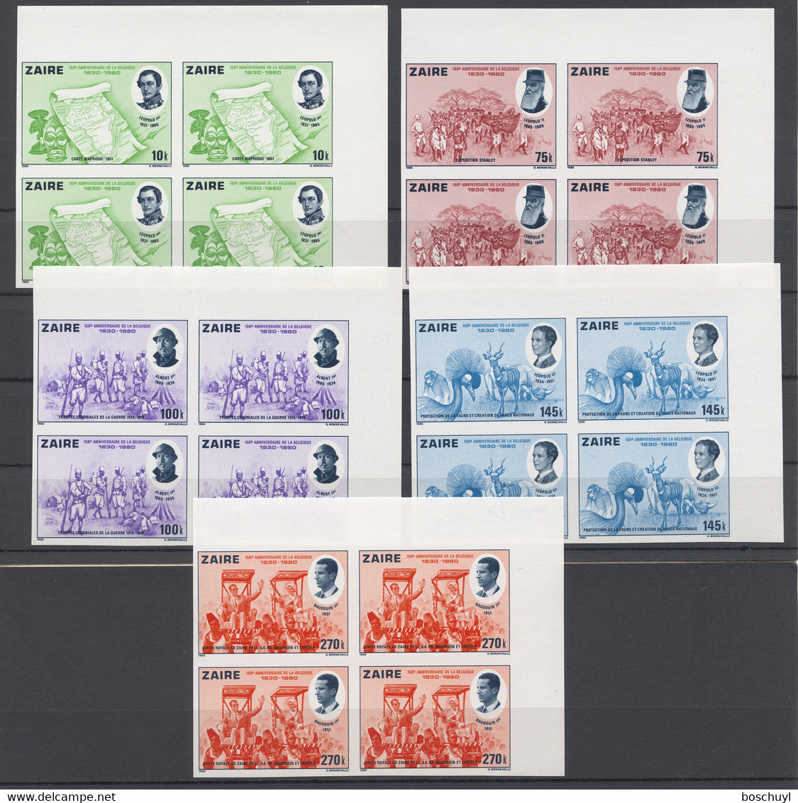 Zaire, 1980, Independence, Colonial Scenes, MNH Imperforated Blocks, Michel 689-693U - Sonstige & Ohne Zuordnung