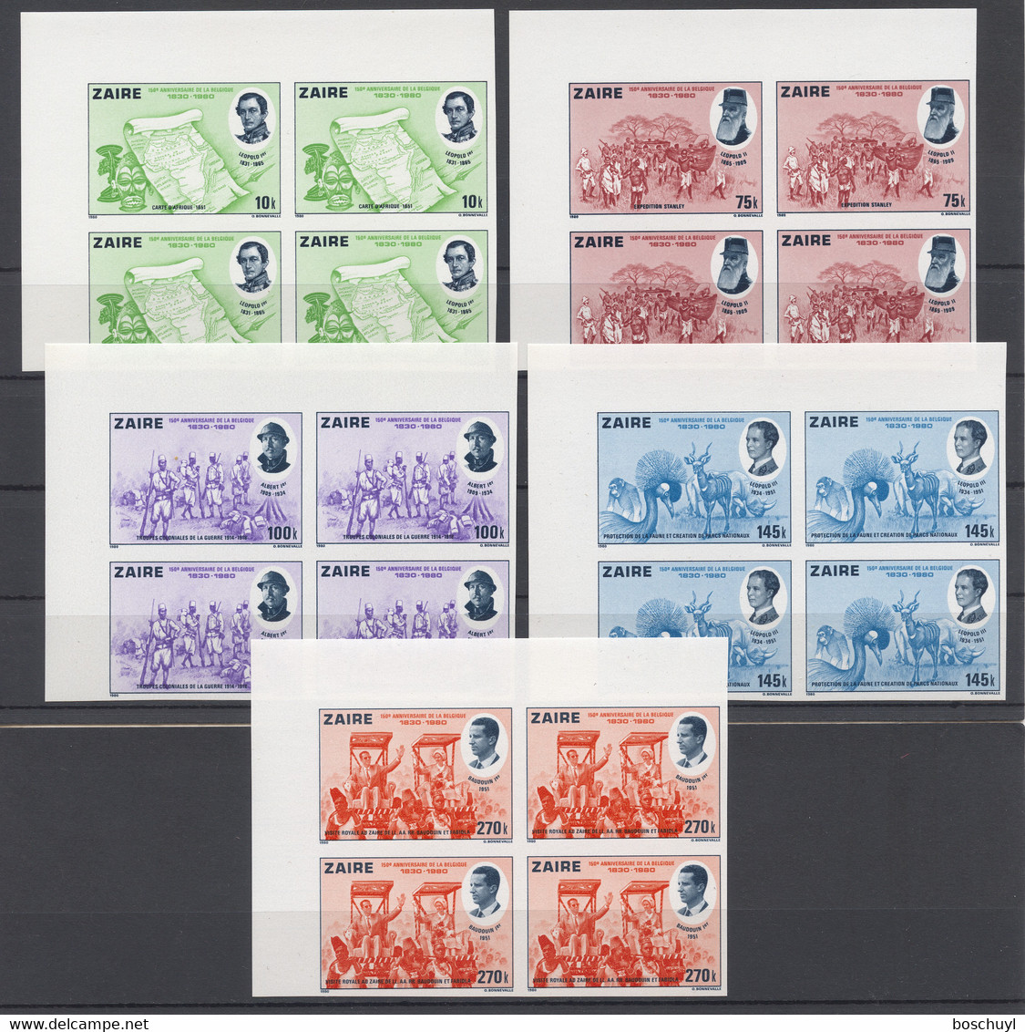 Zaire, 1980, Independence, Colonial Scenes, MNH Imperforated Blocks, Michel 689-693U - Autres & Non Classés