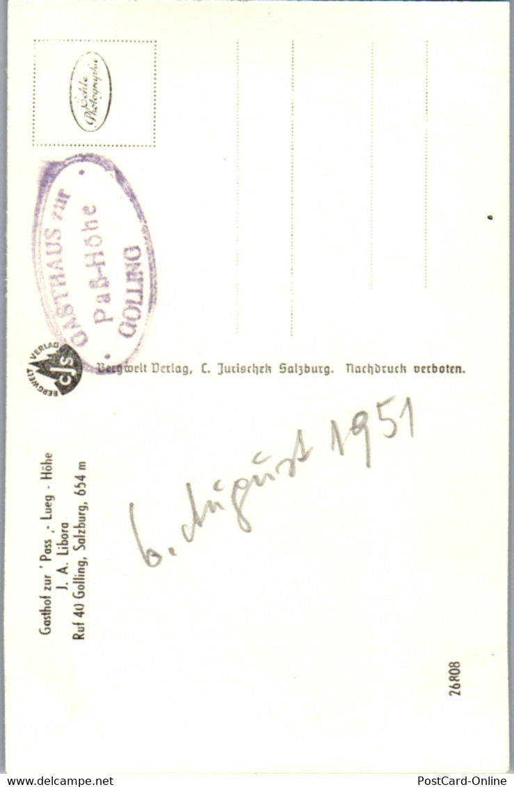 11649 - Salzburg - Golling , Pass Lueg , Gasthaus Zur Passhöhe , Auto , J. A. Libora - Nicht Gelaufen 1951 - Golling