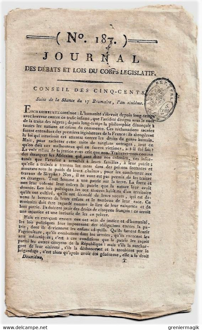 Journal Des Débats Et Lois Brumaire An VI 1797 Lettre Des Prisonniers D'Olmutz à Bonaparte La Fayette/Metternich Rastadt - Giornali - Ante 1800