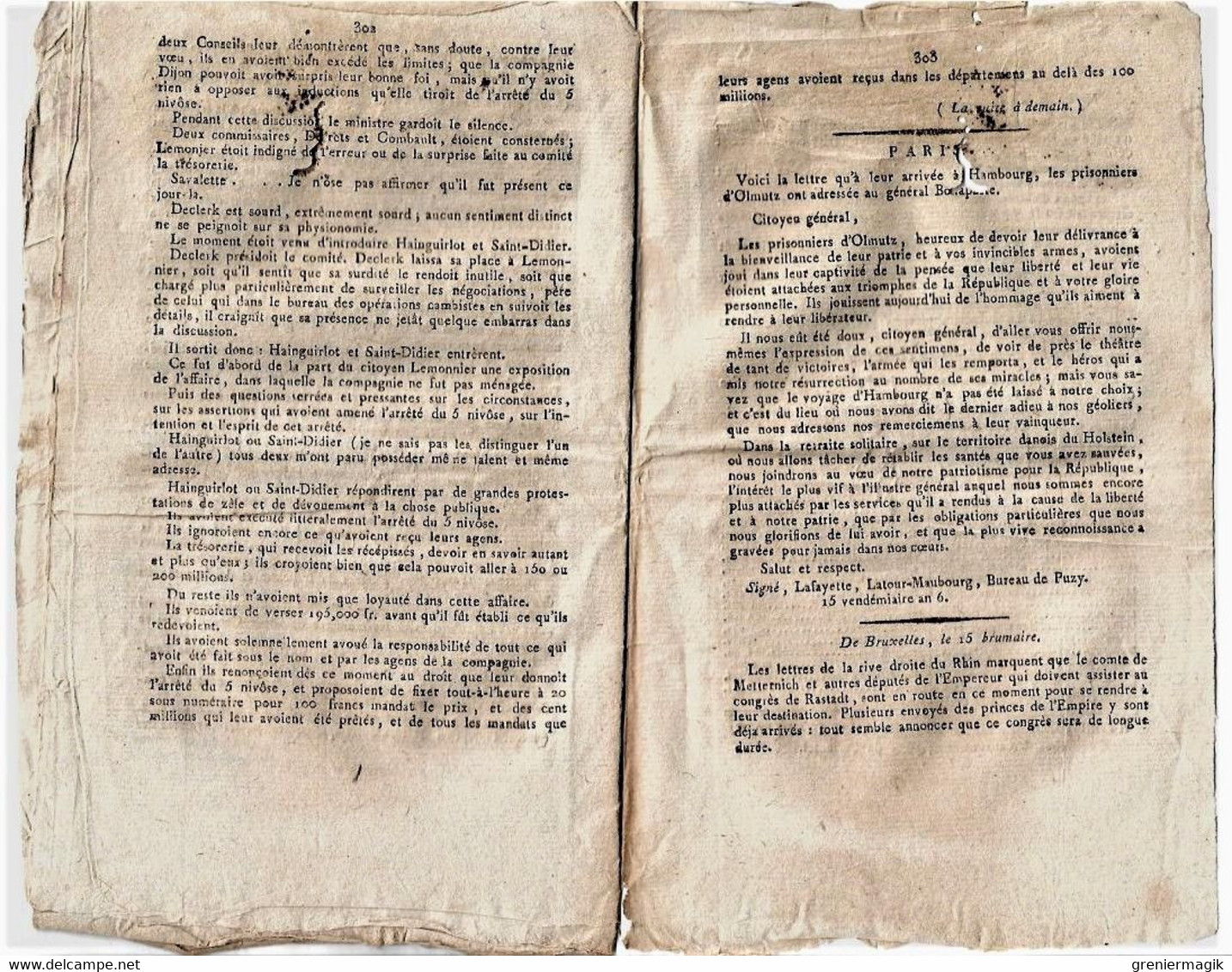 Journal des débats et lois brumaire an VI 1797 Lettre des prisonniers d'Olmutz à Bonaparte La Fayette/Metternich Rastadt