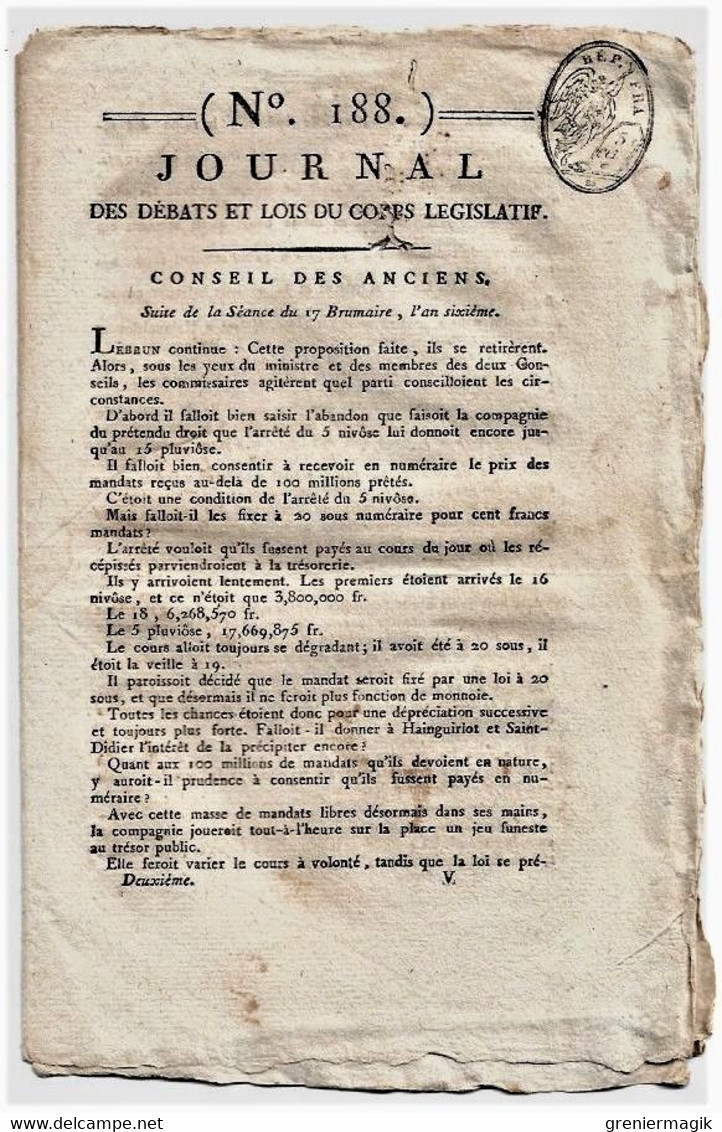 Journal Des Débats Et Lois Brumaire An VI 1797 Lettre De Bonaparte à L'archevêque De Gênes/Affaire Compagnie De Dijon - Journaux Anciens - Avant 1800