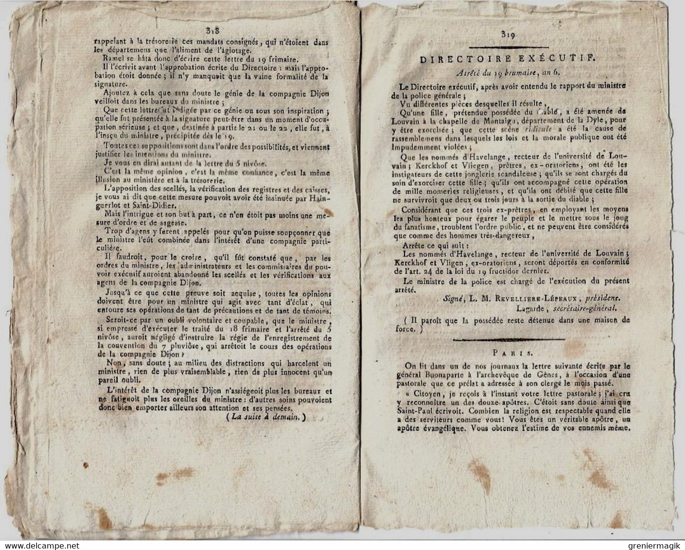 Journal des débats et lois brumaire an VI 1797 Lettre de Bonaparte à l'archevêque de Gênes/Affaire Compagnie de Dijon