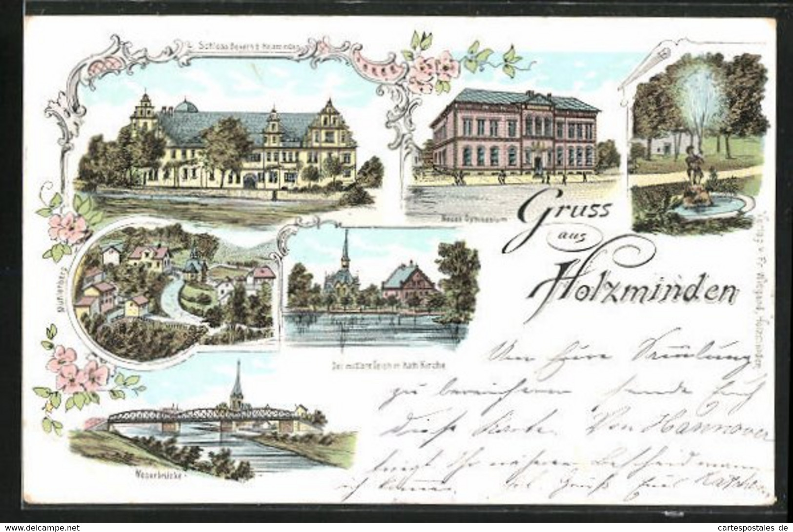 Lithographie Holzminden, Schloss Bevern, Der Mittlere Teich Mit Kath. Kirche, Weserbrücke - Holzminden