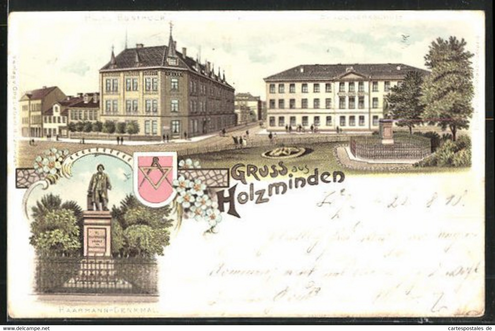 Lithographie Holzminden, Hotel Buntrock Und Baugewerkschule, Haarmann-Denkmal - Holzminden