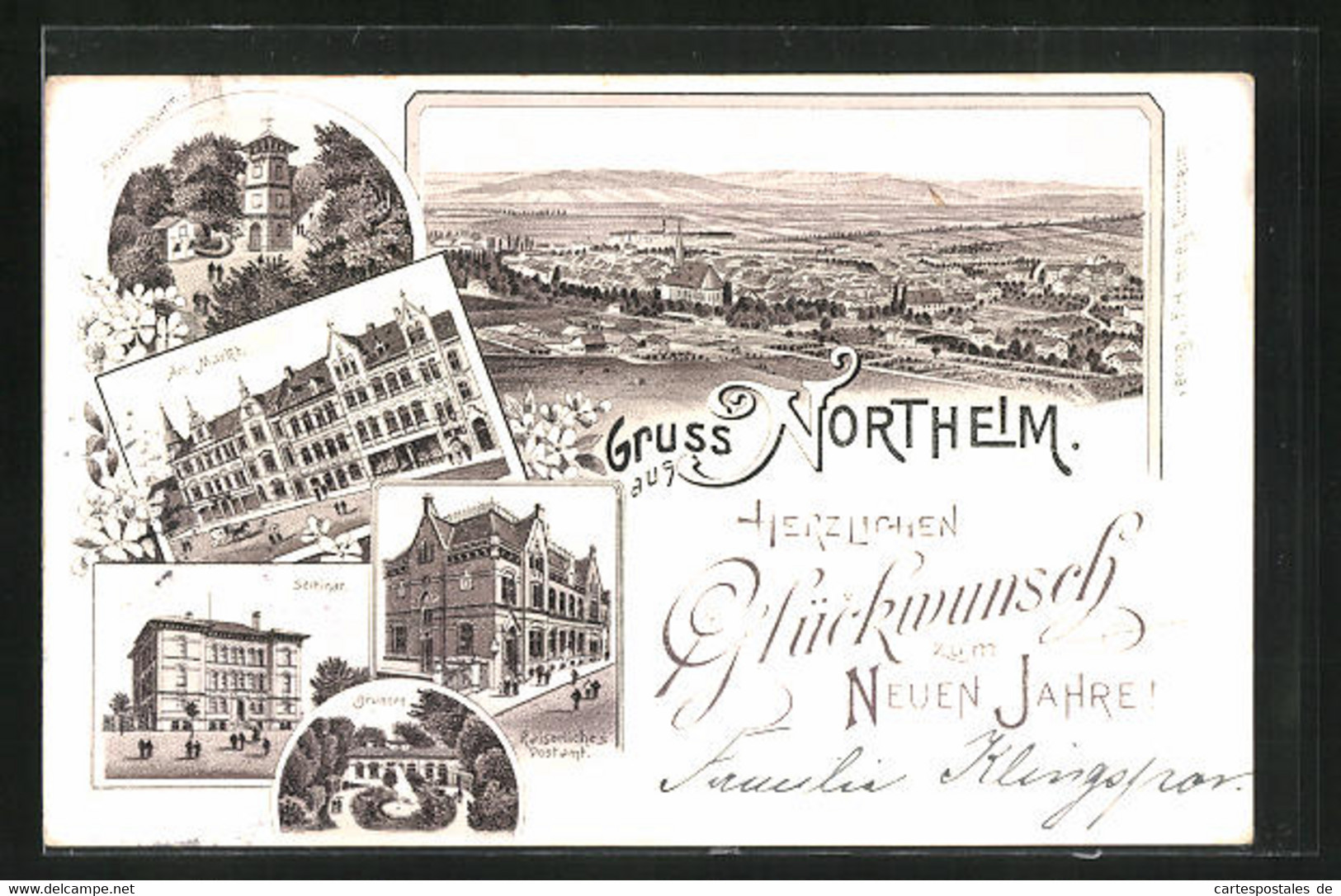 Lithographie Northeim, Kaiserliches Postamt, Am Markt, Seminar, Neujahrsgruss - Northeim