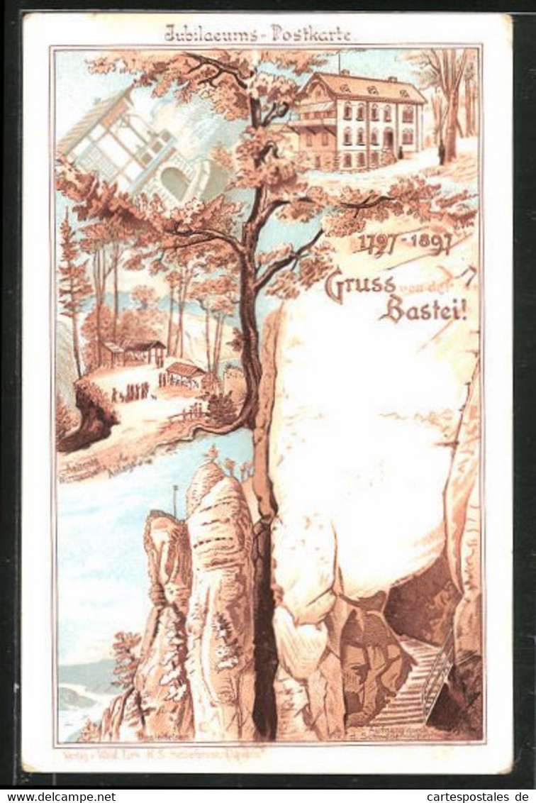 Lithographie Bastei, Gasthaus Wald-Villa, Aufgang Durch Die Schwedenlöcher - Bastei (sächs. Schweiz)