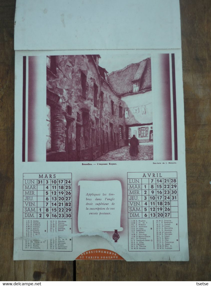 Calendrier Postal 1941 ... Chaise De Poste ,Bruxelles , Corroy Le Château, Saint-Trond, Malle Poste Vresse Et Bruges - Grand Format : 1941-60