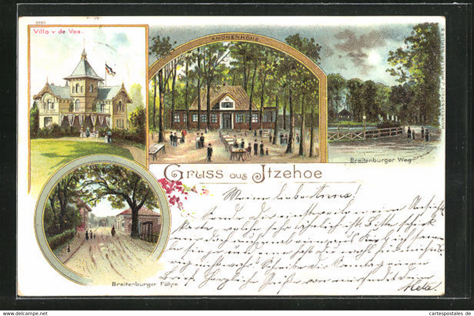Lithographie Itzehoe, Gasthaus Amönehöhe, Breitenburger Weg Und Fähre, Villa V. De Vos - Itzehoe
