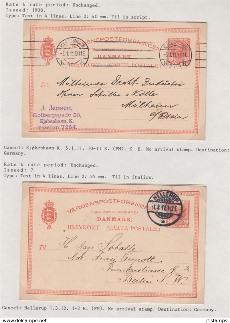 1911-1912. DANMARK. BREVKORT 10 ØRE Frederik VIII Two Ex. One From KJØBENHAVN 5.1.11 ... () - JF421051 - Lettres & Documents