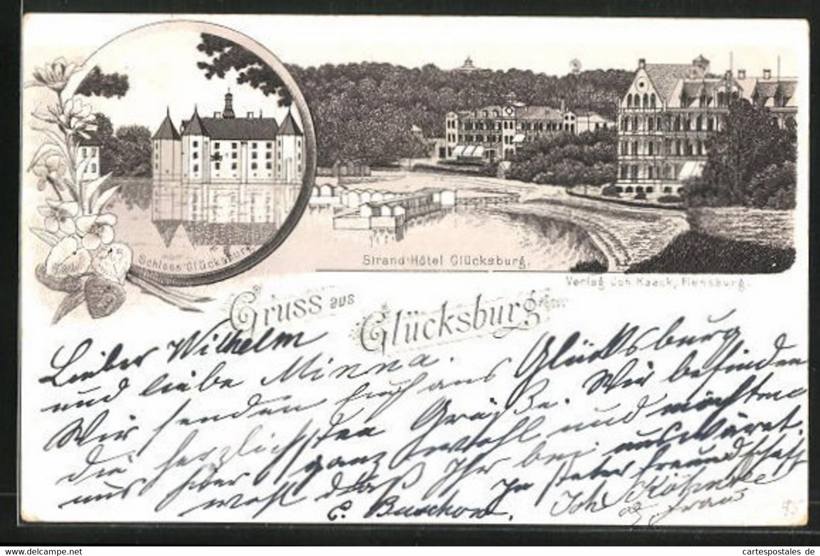 Vorläufer-Lithographie Glücksburg, 1895, Strand-Hotel Glücksburg, Schloss - Glücksburg