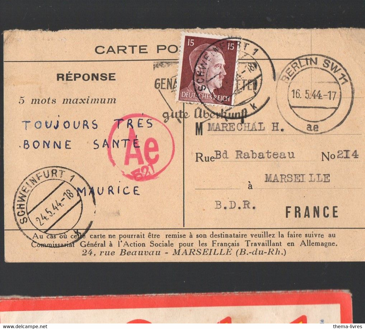 (guerre 39-45) Carte Réponse D'un Travailleur Franàais En Allemagne 1944 Avec Timbre Hitler 15pf (tPPP29678) - Autres & Non Classés