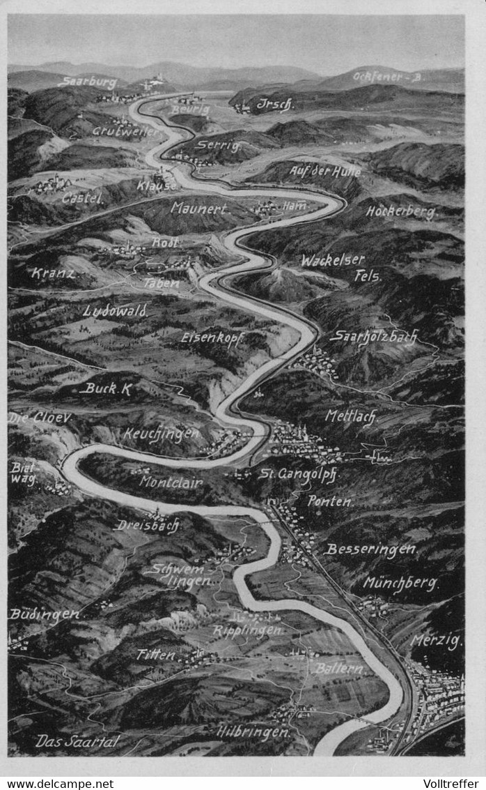 AK 1942 Das Saarland Landkarte Orte Saarburg Dreisbach Saarholzbach Merzig U.a. - Kreis Merzig-Wadern