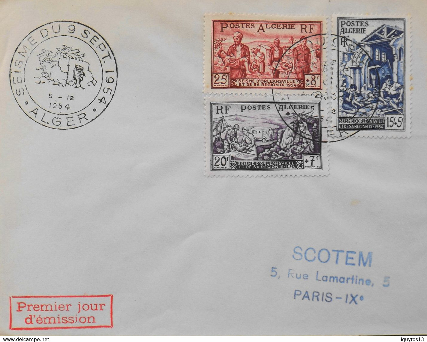 2 Enveloppes 1er Jour ALGERIE 1954 - SEISME Du 9 Septembre Daté Alger Le 5.12.1954 -TBE - FDC