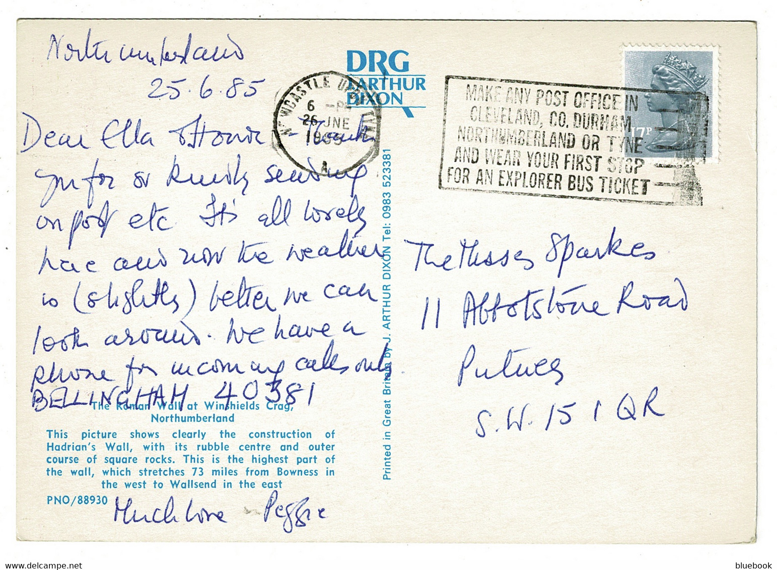 Ref 1488 - 1985 Postcard Hadrian's Wall - Very Good Unusual Explorers Bus Ticket Slogan - Lettres & Documents
