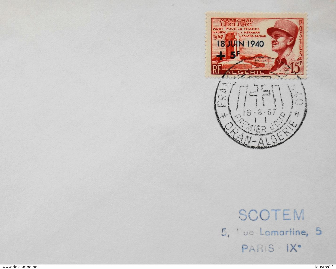 Lettre 1er Jour ALGERIE 1957 - MARECHAL LECLERC N° 345 Y & T - Daté Oran-Algérie Le 18.6.1957 - TBE - FDC